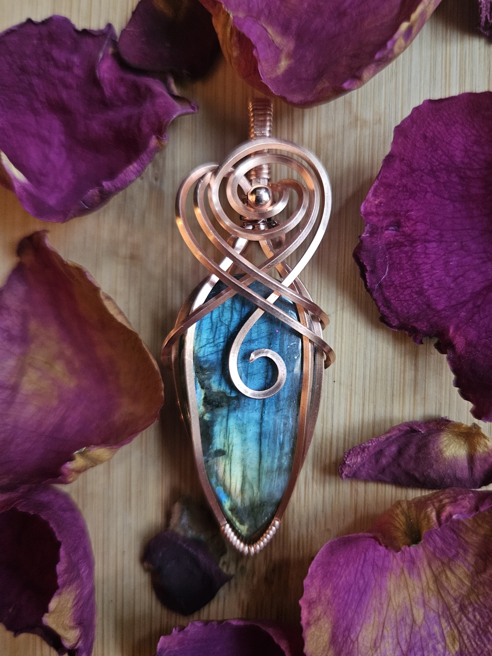 Handcrafted Copper Wire Wrapped Blue-Green Labradorite Pendant Necklace